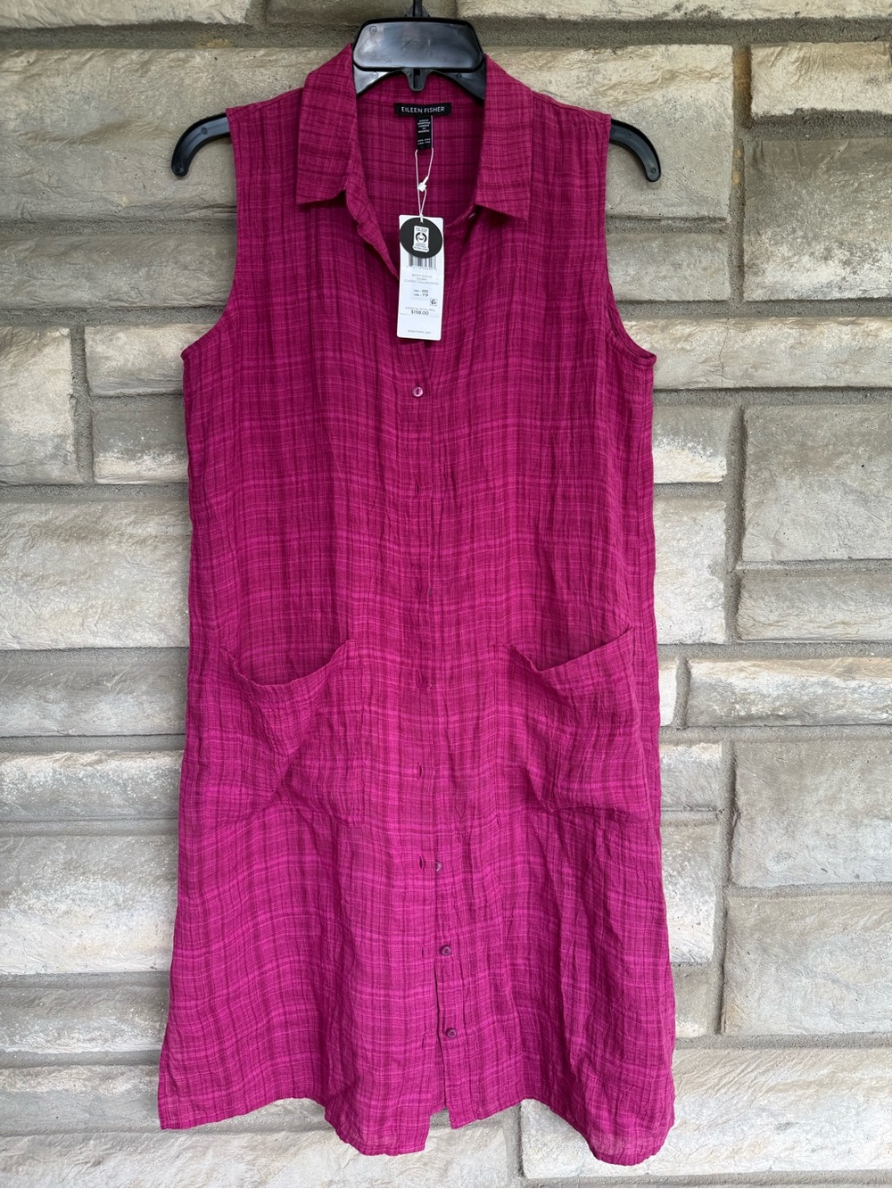 Eileen Fisher Linen Plaid Shirt Dress Organic Linen XXS $198 Sangria